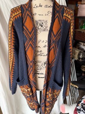 Lucky Brand Navy & Rust Geometric Open-Front Cardigan